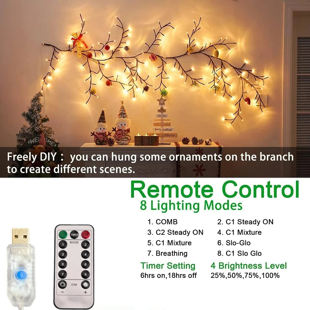 USB Willow Vine Branch Lights, 8 Modes Warm White Light, for Room Wall Kitchen Coffee Shop Christmas Halloween Decor