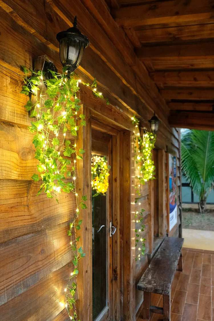 Glowing Artificial Plant Garland, Silk Fake Green Leaf Ivy Vine with LED String Lights, for Wedding and Home Bedroom