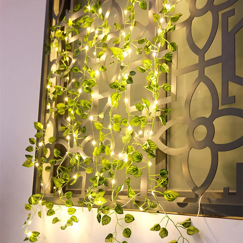 Glowing Artificial Plant Garland, Silk Fake Green Leaf Ivy Vine with LED String Lights, for Wedding and Home Bedroom