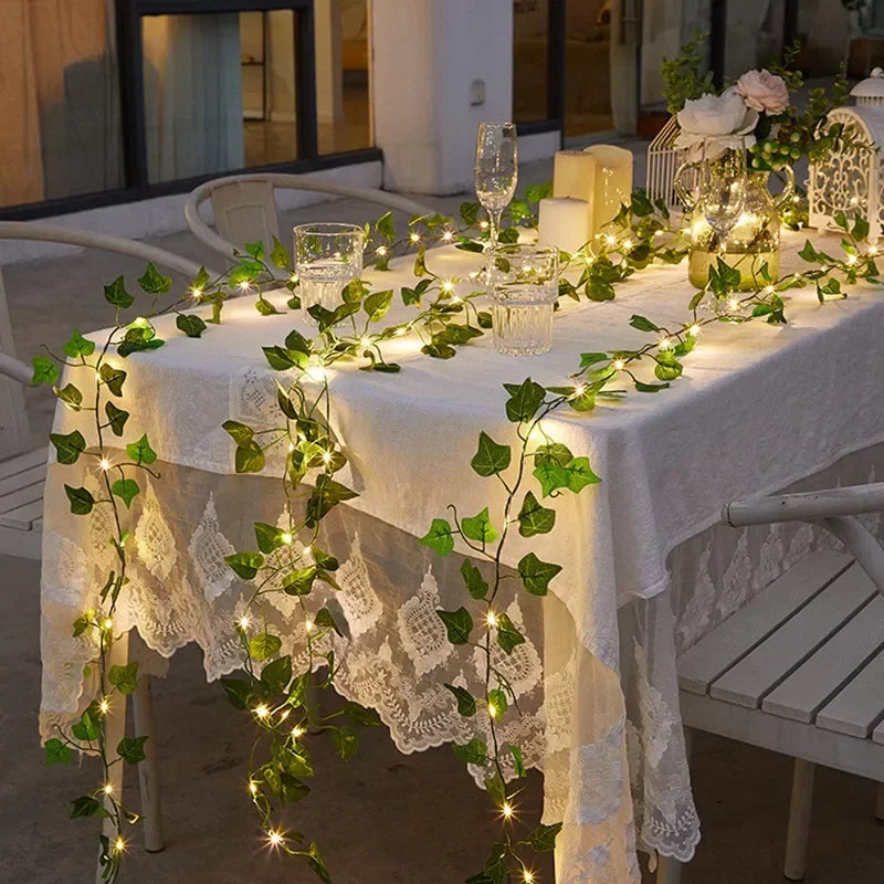 Glowing Artificial Plant Garland, Silk Fake Green Leaf Ivy Vine with LED String Lights, for Wedding and Home Bedroom