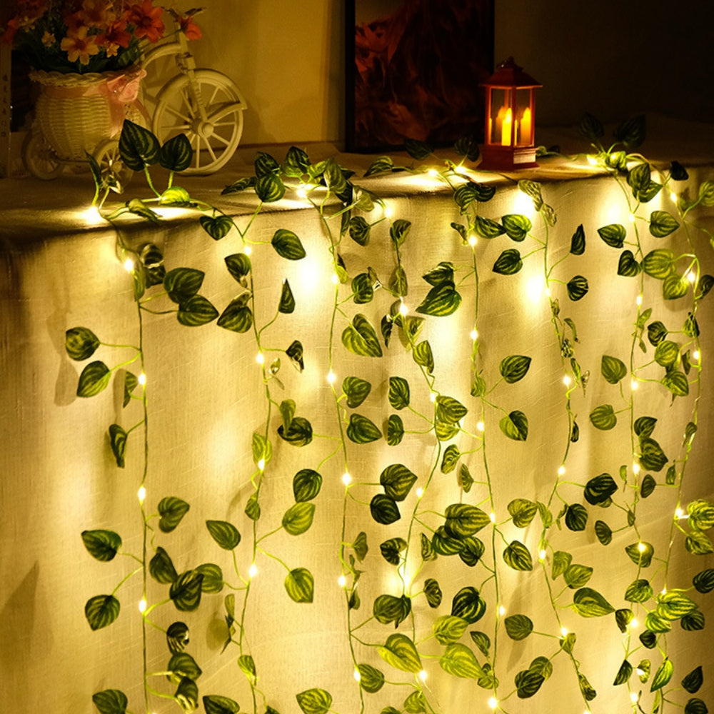 Glowing Artificial Plant Garland, Silk Fake Green Leaf Ivy Vine with LED String Lights, for Wedding and Home Bedroom