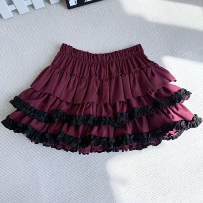 Purple Pumpkin Cake Skirt, Mini Skirt, Sweet Lolita Fashion with Fluffy White Lace and Pleats