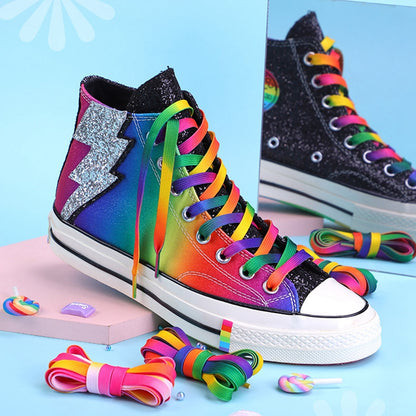 Rainbow Color Flat Shoelaces, Colorful Gradient Shoe Laces, Casual Canvas Shoes, Trendy Printed Shoelace Design