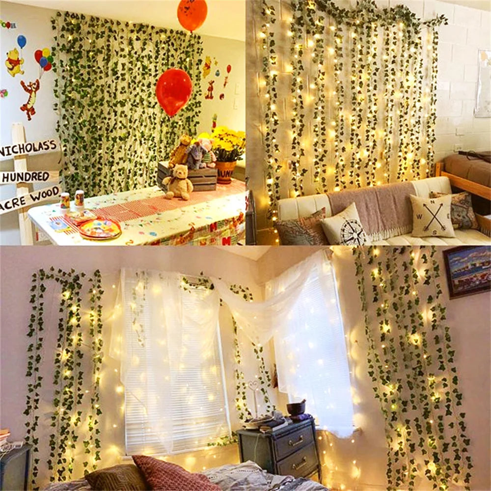 Green Leaf Fake Plants String Light Battery Powered Waterproof Decor For Wall Room Office And Birth 3
