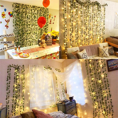 Green Leaf Fake Plants String Light Battery Powered Waterproof Decor For Wall Room Office And Birth 3