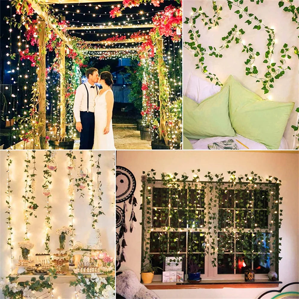 Green Leaf Fake Plants String Light Battery Powered Waterproof Decor For Wall Room Office And Birth 5