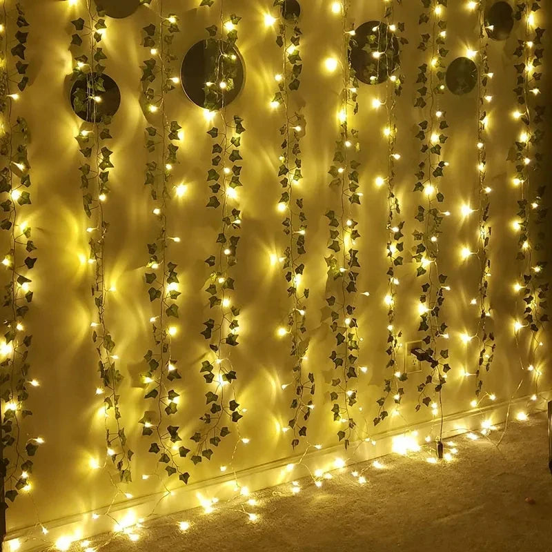 Green Leaf Fake Plants String Light Battery Powered Waterproof Decor For Wall Room Office And Birth 8