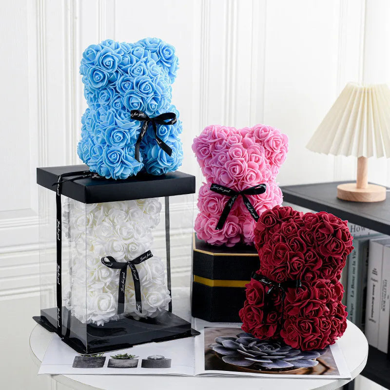 Rose Bear Gift, Artificial Foam Flowers Bear for Valentines Day, Anniversary, Wedding, Birthday, with Gift Box