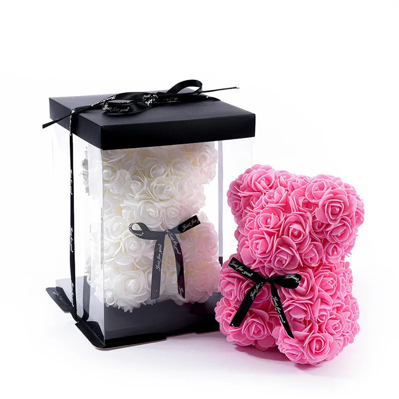 Rose Bear Gift, Artificial Foam Flowers Bear for Valentines Day, Anniversary, Wedding, Birthday, with Gift Box
