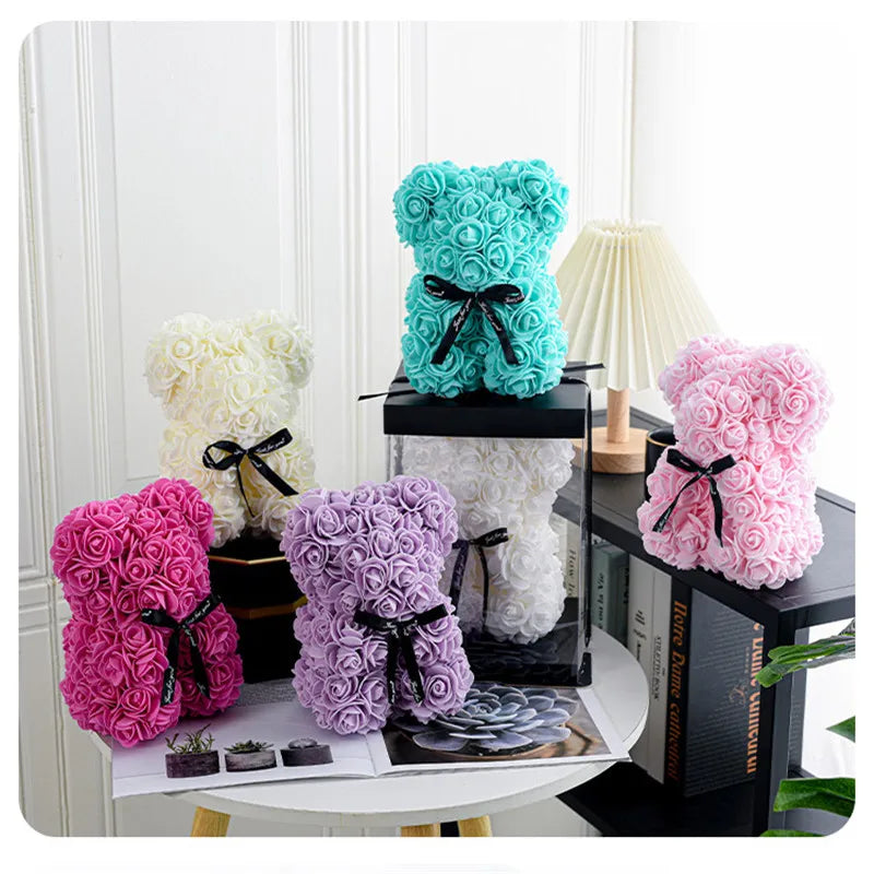 Rose Bear Gift, Artificial Foam Flowers Bear for Valentines Day, Anniversary, Wedding, Birthday, with Gift Box