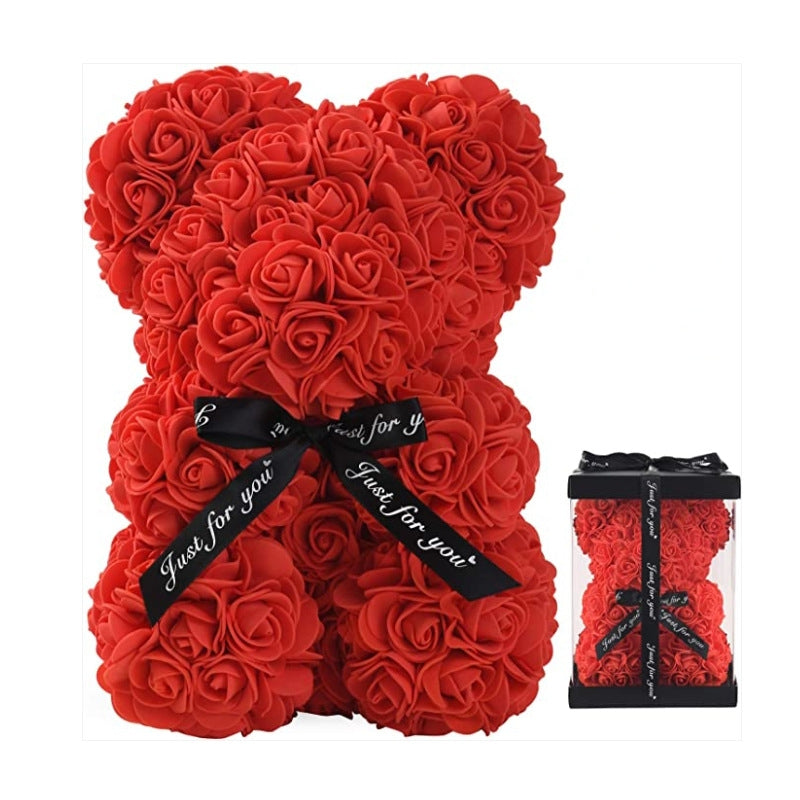 Rose Bear Gift, Artificial Foam Flowers Bear for Valentines Day, Anniversary, Wedding, Birthday, with Gift Box