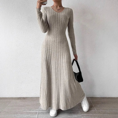 Women's Knitted Long Sleeve Dress, Streetwear, Solid Color Dress that Smooths and Slims