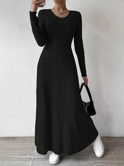 Women's Knitted Long Sleeve Dress, Streetwear, Solid Color Dress that Smooths and Slims