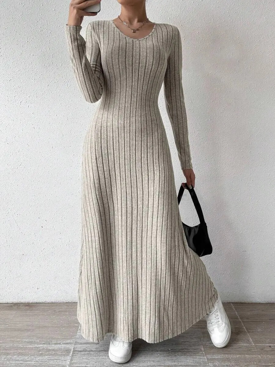 Women's Knitted Long Sleeve Dress, Streetwear, Solid Color Dress that Smooths and Slims