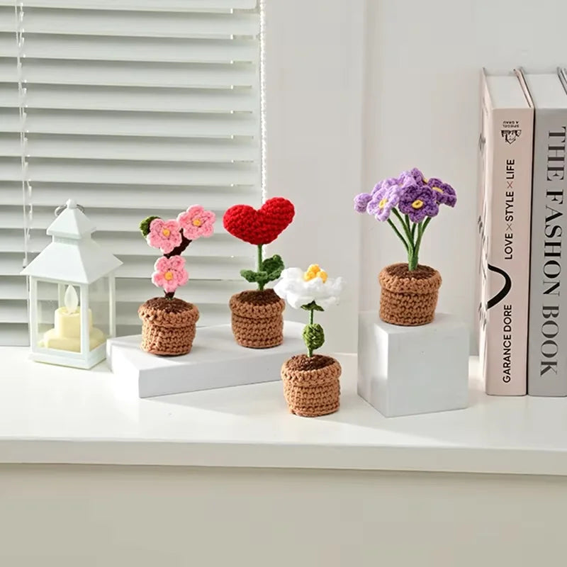 Handmade Knitted Flower Pot, Red Heart Shaped Planter, Valentine's Day Gift, Home Desktop Decor