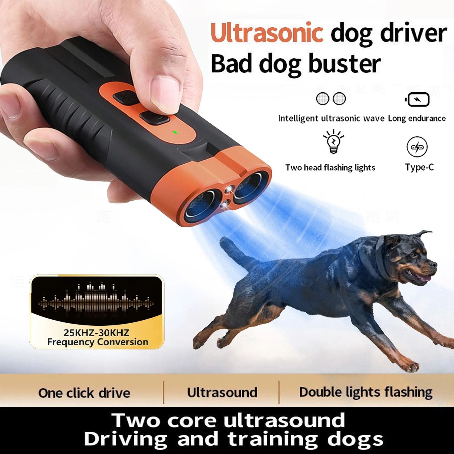 Dual Head Ultrasonic Dog Repeller And Training Device With LED Flashlight