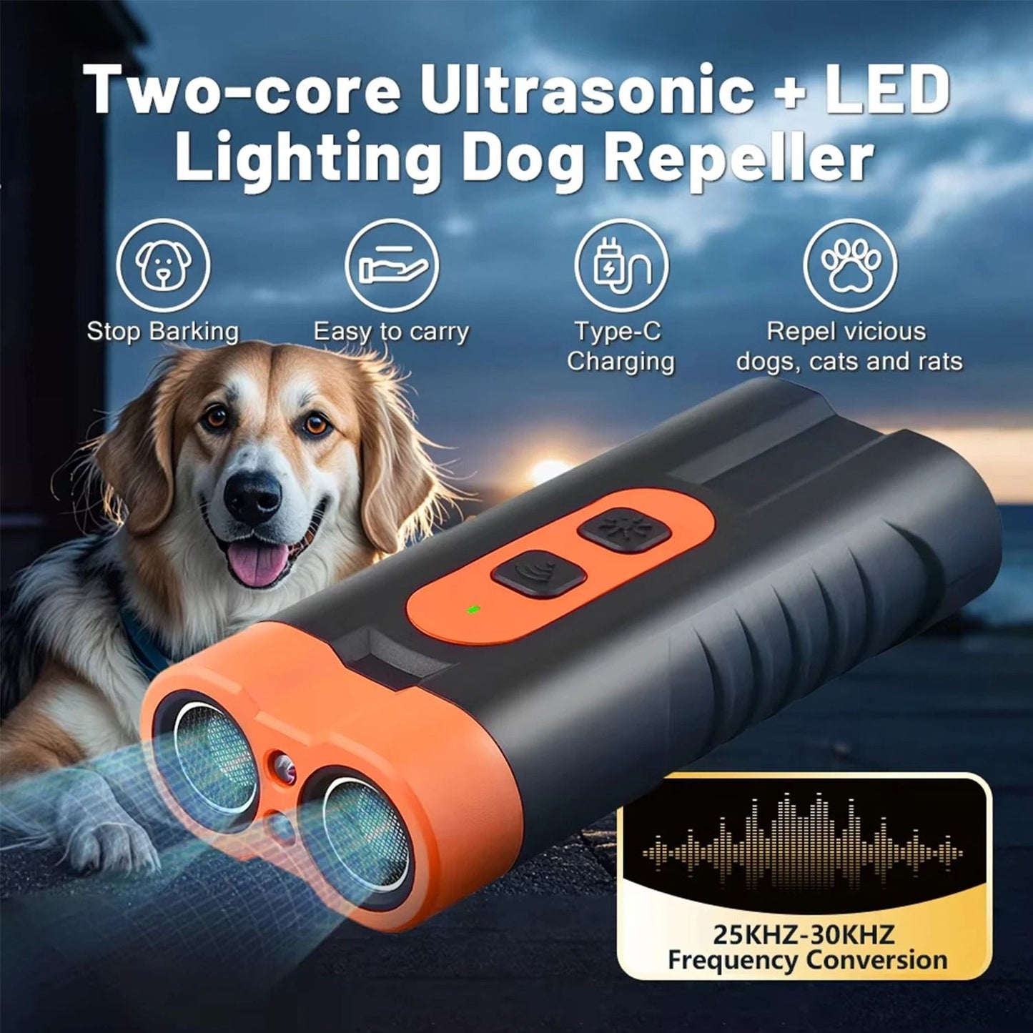 Dual Head Ultrasonic Dog Repeller And Training Device With LED Flashlight 2