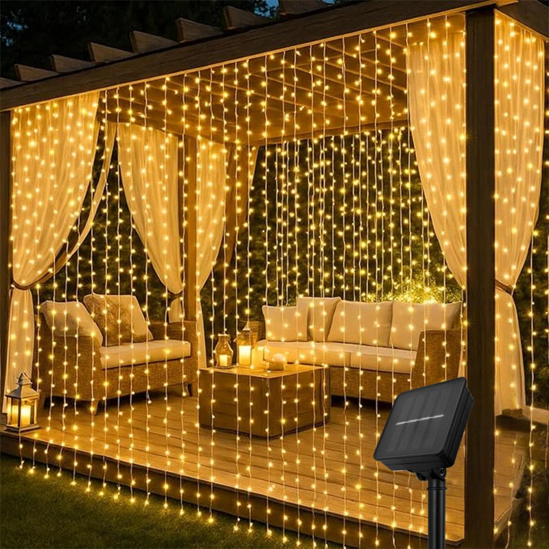 Solar Curtain Lights, Outdoor Waterproof Fairy String Lights, for Garden, Yard, Wedding, Party, Holiday Decor