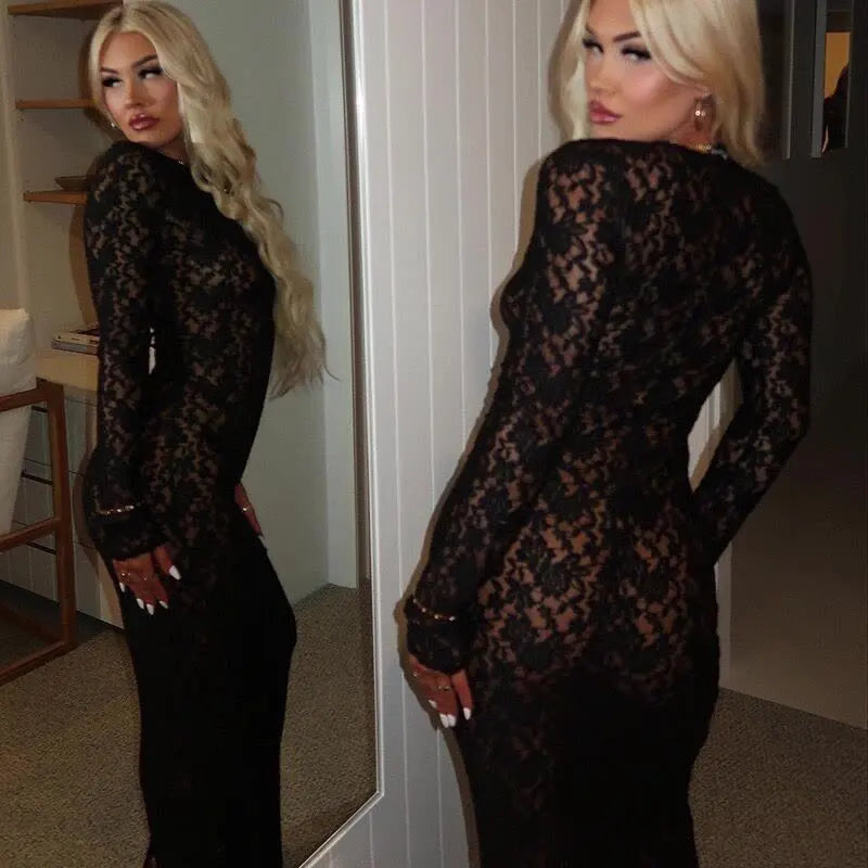 Autumn New Sexy Dress, See Through Long Sleeve, Bodycon Midi Dress