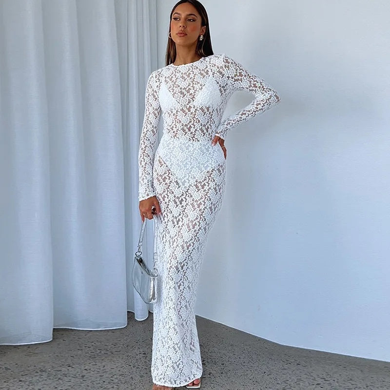 Autumn New Sexy Dress, See Through Long Sleeve, Bodycon Midi Dress