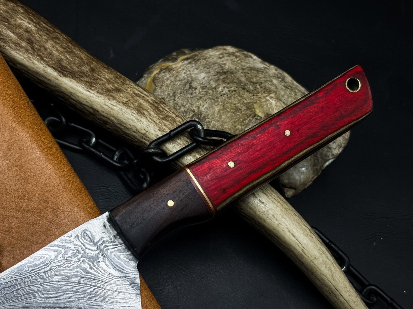 Handmade Damascus Steel Hunting  Kitchen Chef Knife With Wood Handle And Leather Sheath 2