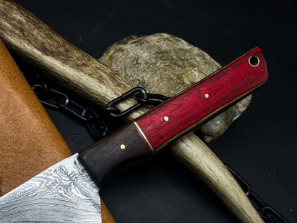 Handmade Damascus Steel Hunting  Kitchen Chef Knife With Wood Handle And Leather Sheath 2