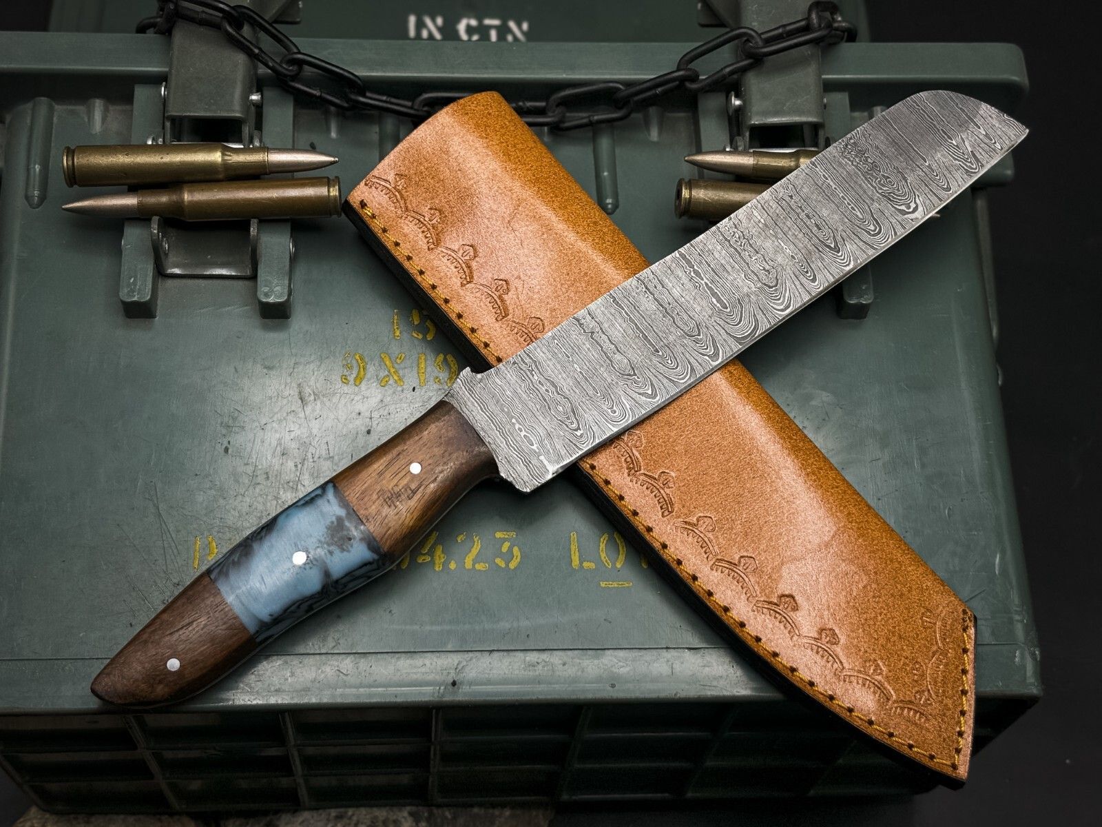 Custom Forged Damascus Steel Hunting Knife  Wood Handle  Full Tang Blade 3