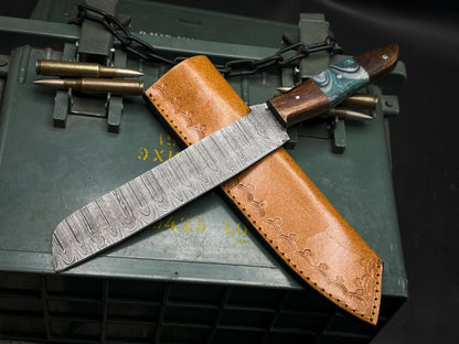 Custom Forged Damascus Steel Hunting Knife – Wood Handle & Full Tang Blade