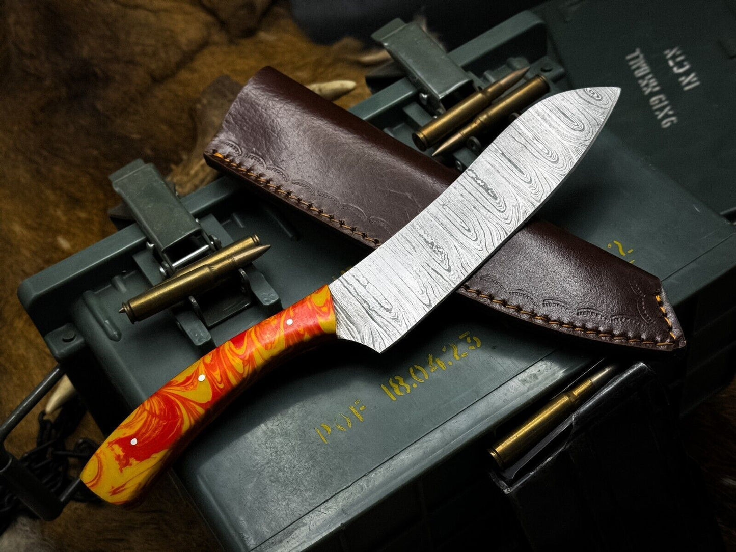 HandForged Damascus Chef Knife  Resin Handle With Leather Sheath 3