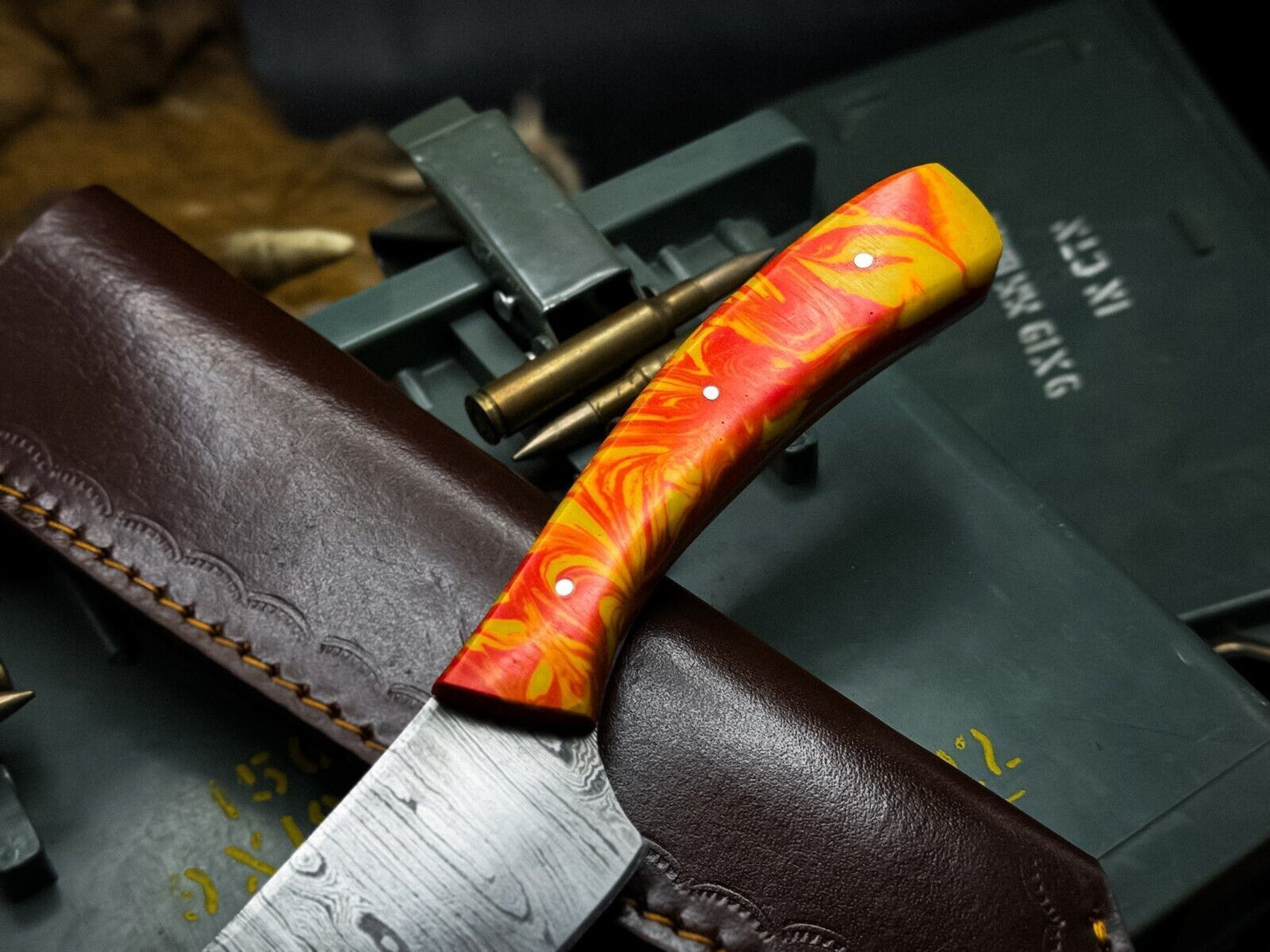 HandForged Damascus Chef Knife  Resin Handle With Leather Sheath 1