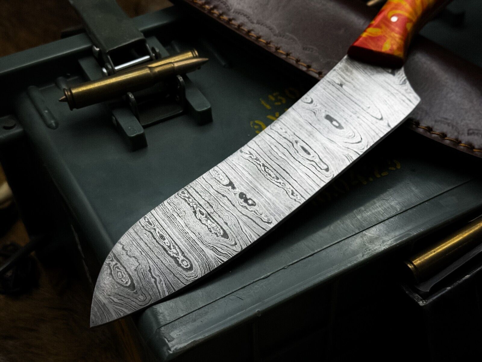 HandForged Damascus Chef Knife  Resin Handle With Leather Sheath 2