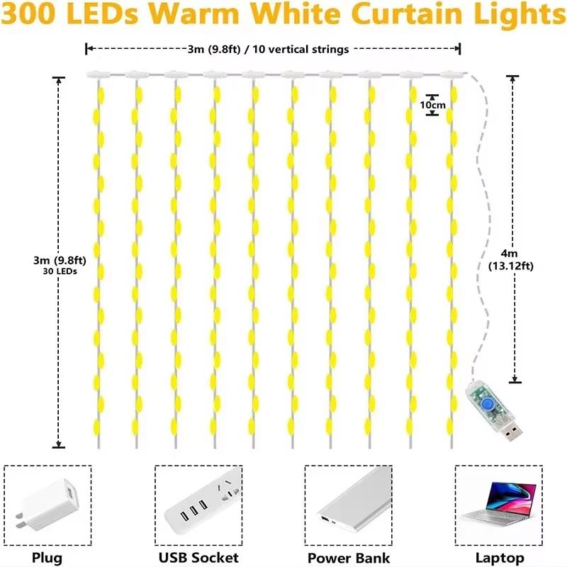 3M LED Curtain String Lights  USB Fairy Light Garland With 8 Lighting Modes For Holidays  Home Deco 5