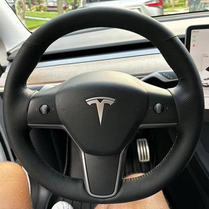 Hand-Sewn Microfiber Leather Steering Wheel Cover for Tesla Model 3 & Model Y – Non-Slip, Breathable Interior Upgrade