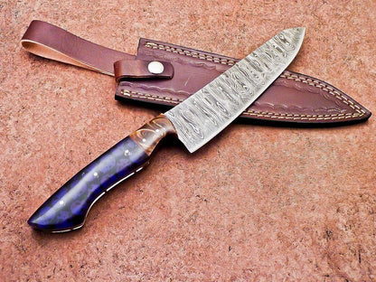 Handcrafted Damascus Steel Chef Knife  Resin Grip  Leather Case 3