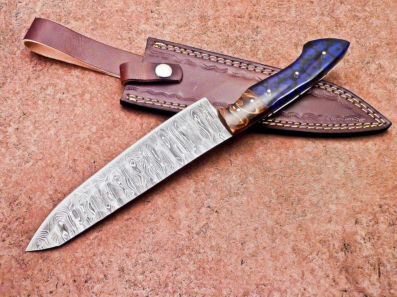 Handcrafted Damascus Steel Chef Knife  Resin Grip  Leather Case 1