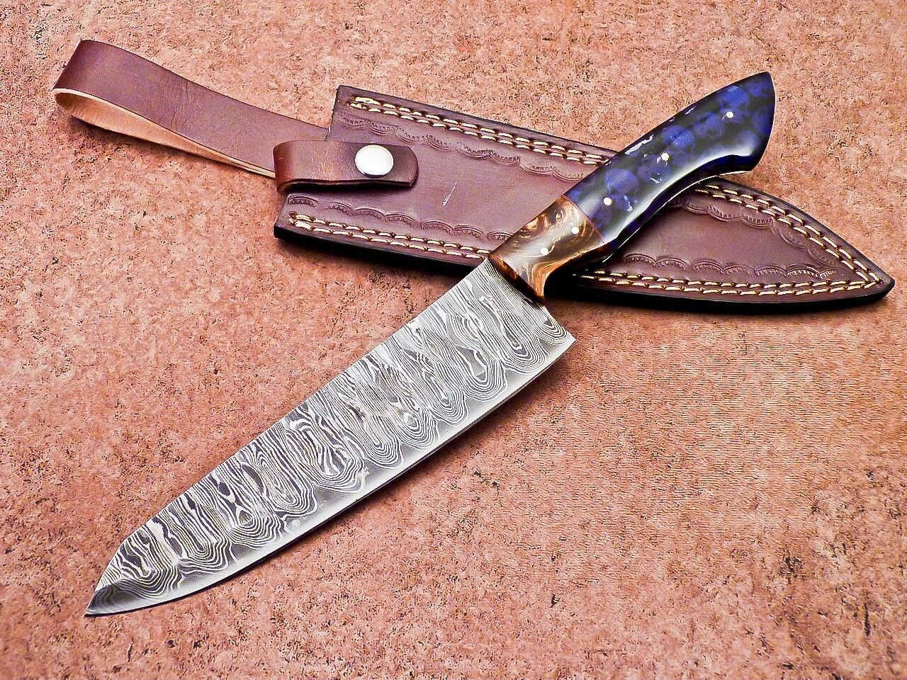 Handcrafted Damascus Steel Chef Knife – Resin Grip & Leather Case