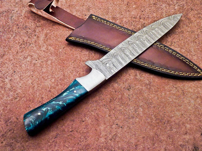 Damascus Steel Outdoor Knife  Resin Handle  Leather Sheath Included 1