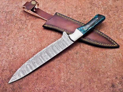 Damascus Steel Outdoor Knife  Resin Handle  Leather Sheath Included 3