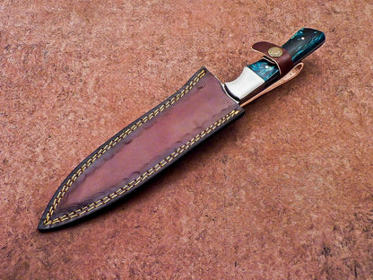 Damascus Steel Outdoor Knife  Resin Handle  Leather Sheath Included 4
