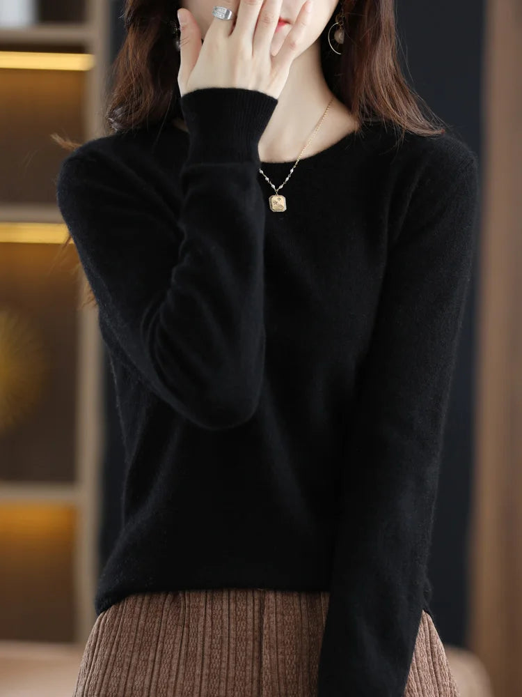 Womens Merino Wool Sweater O Neck Long Sleeve Pullover Spring Autumn Winter Basic Jumper Knitwear T 8