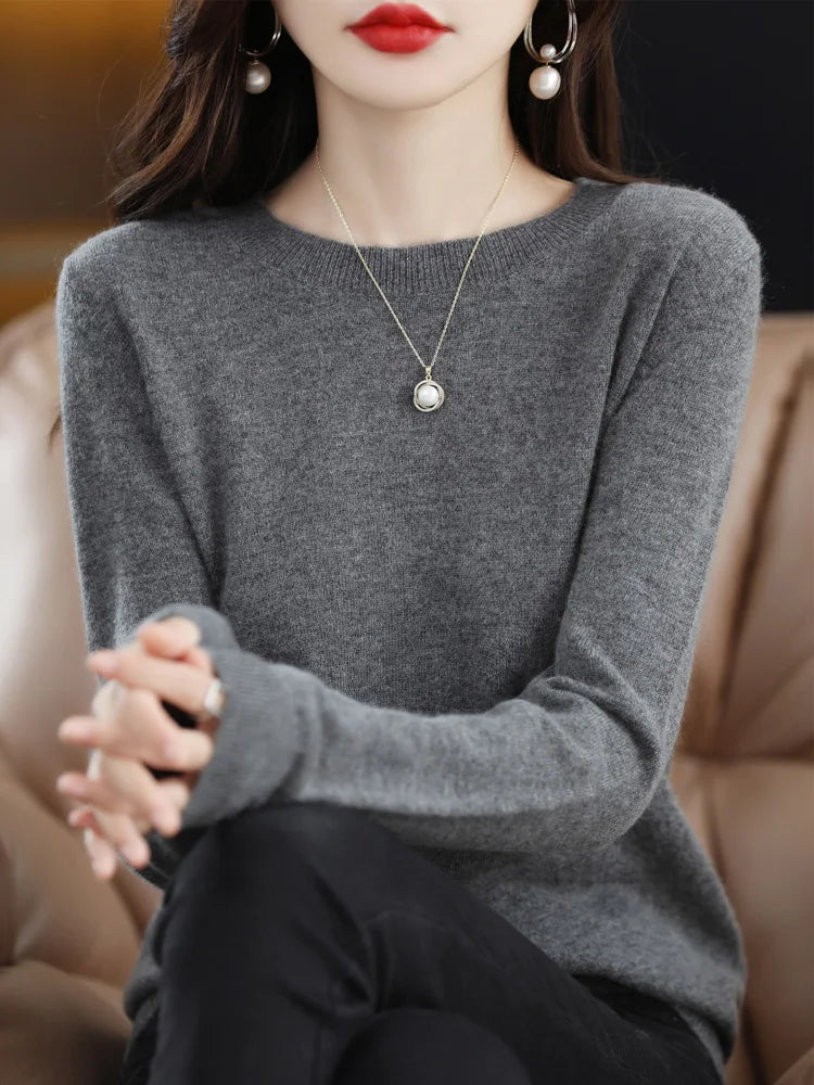 Womens Merino Wool Sweater O Neck Long Sleeve Pullover Spring Autumn Winter Basic Jumper Knitwear T 11
