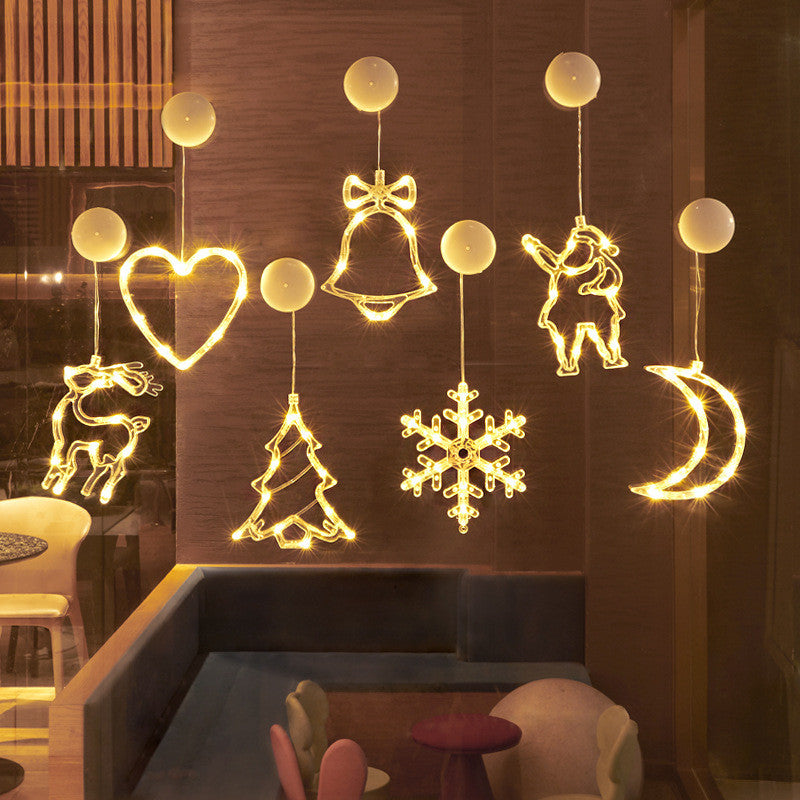 Christmas Sucker Lamp, Battery Powered LED Lights, Holiday Window Decoration for Home Decor, Bell Snowman Star Hanging