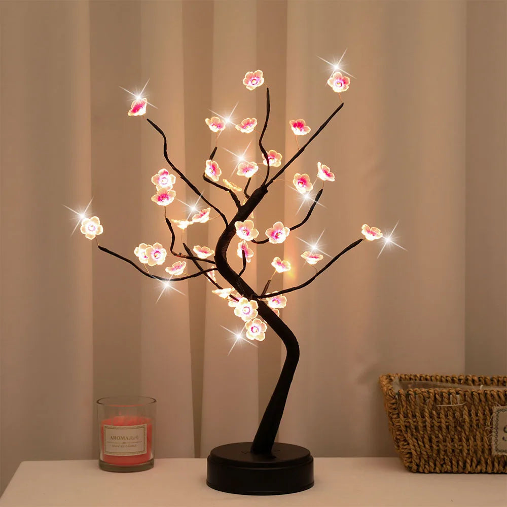 Artificial Bonsai Tree Night Light, USB and Battery Powered, Touch Switch Cherry Blossom, Desktop LED Lamp Decor