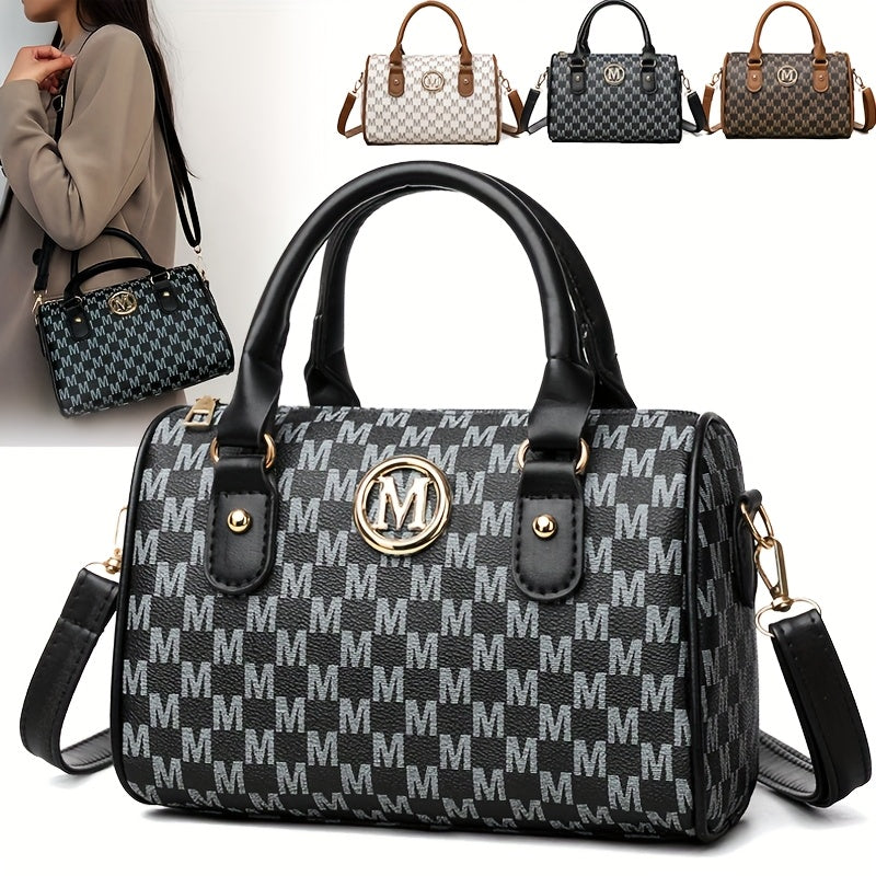 Faux Leather Small Crossbody Bag, Women Alphabet Shoulder Bag, Golden M Logo, for Work, Travel, Parties, Gift