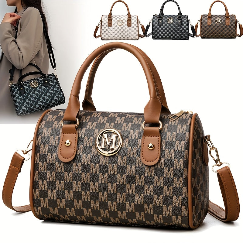 Faux Leather Small Crossbody Bag, Women Alphabet Shoulder Bag, Golden M Logo, for Work, Travel, Parties, Gift