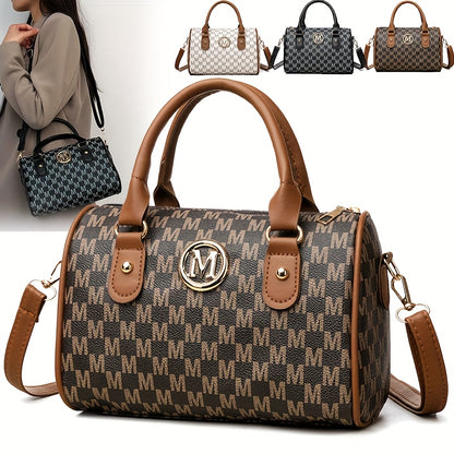 Faux Leather Small Crossbody Bag, Women Alphabet Shoulder Bag, Golden M Logo, for Work, Travel, Parties, Gift