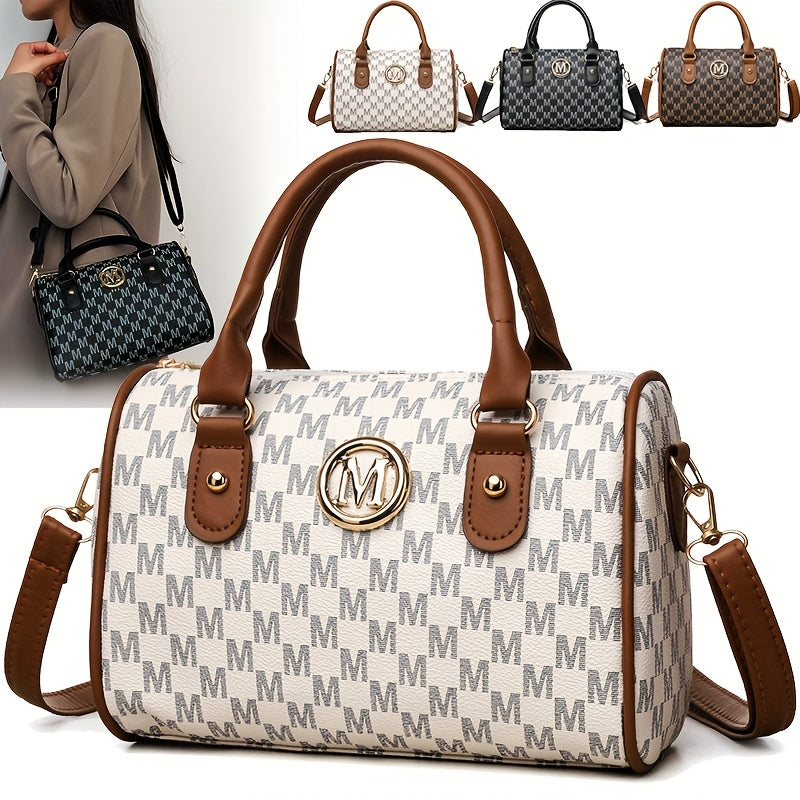 Faux Leather Small Crossbody Bag, Women Alphabet Shoulder Bag, Golden M Logo, for Work, Travel, Parties, Gift