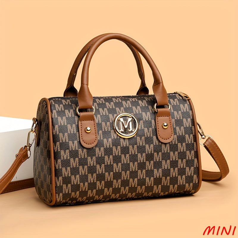 Faux Leather Small Crossbody Bag, Women Alphabet Shoulder Bag, Golden M Logo, for Work, Travel, Parties, Gift
