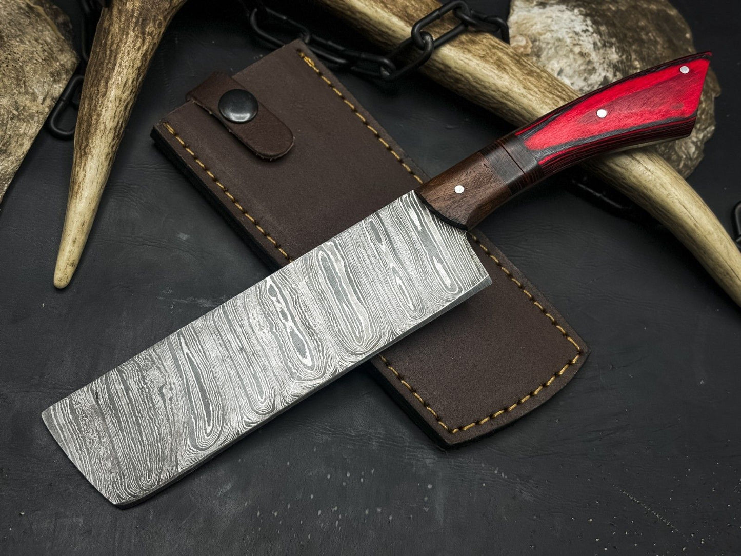 Hand-Forged Damascus Steel Knife with Wooden Handle for Kitchen & Outdoor Use