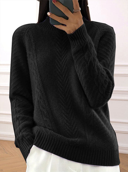 Ribbed Pullover Sweater, High Neck Long Sleeve, Stranded Knit Casual Wear for Autumn and Winter